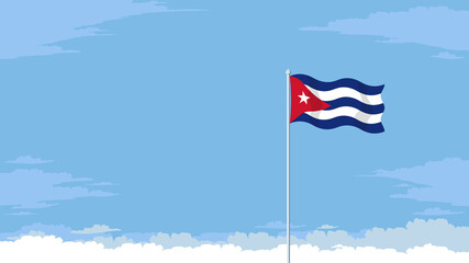Detailed flat vector illustration of a flying flag of Cuba in front of a cloudy sky background. Room for text. © David