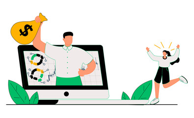 A man from a monitor holds out a bag of money to a happy woman. Concept of earnings on the Internet, online income, gambling. Modern vector illustration.