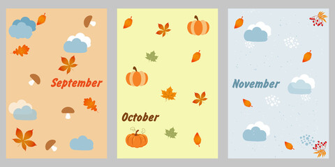 Fototapeta na wymiar Vector illustration for top page in calendar. Wallpaper for autumn. September, october, november. Background for phone and cards. Autumn greeting card. Collection of fall templates.