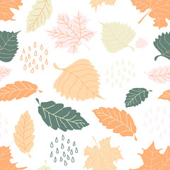 Seamless pattern of  fall  leaves. Vector background with autumn leaves and raindrops. Perfect for printing on the fabric, design package and cover