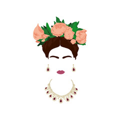 Portrait the beautiful Mexican woman flowers hairstyle, Frida Kahlo style, vector isolated on white background.
