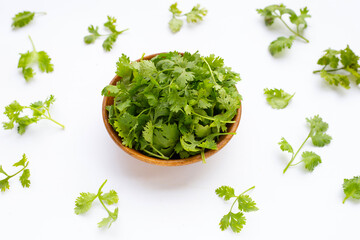 Fresh coriander leaves on white background.