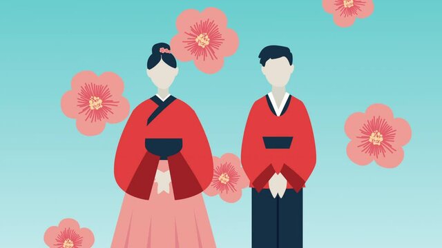 korean culture animation with couple and flowers