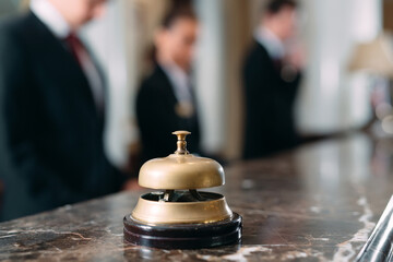 Hotel service bell Concept hotel, travel, room,Modern luxury hotel reception counter desk on...