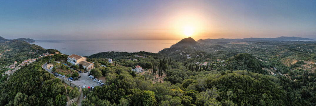 Western coast panorama from Kaisers Throne Hill. Corfu, Greece.