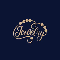 Jewelry logo calligraphy design with lettering and beads around on the dark background. Vector illustration for logo, business card, shop sign.