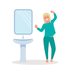 A woman in pajamas in the bathroom. Vector illustration.