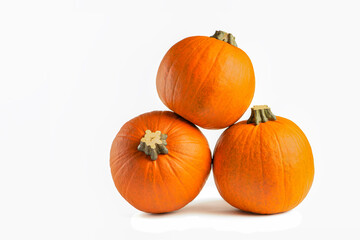 Pumpkin on a white background. Isolated halloween pumpkin isolate on white to insert into your project or design. Three orange pumpkins stacked in a pile cast a shadow