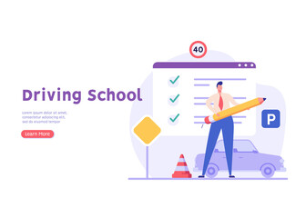 Man learning to drive a car on driver course. Auto school test. Concept of driving school, driver’s license, driving exam or practice. Vector illustration in flat design for web banner, mobile app