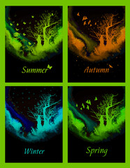 Four seasons - spring, summer, autumn, winter. Art tree beautiful for your design. Vector illustration.