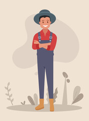 Male farmer standing with folded hands cartoon vector Illustration