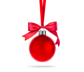 Realistic traditional Christmas ball with bow on a red ribbon. Vector illustration isolated on white background. Ready for your design. EPS10.	