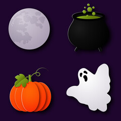 Happy Halloween. Set of elements in paper cut style. Ghost, pumpkin, moon, pot.