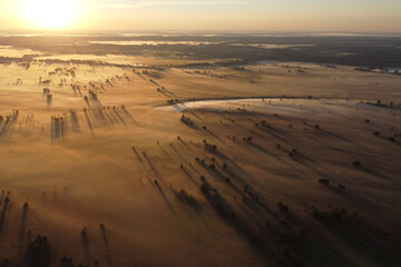 Mist covers the river, trees, and land at dawn. Autumn photos of fog taken with drone