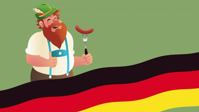 oktoberfest celebration german man eating sausage with flag