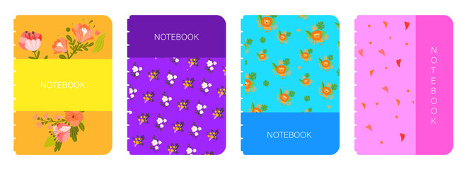 Flower covers for notebooks. Collection of colorful templates with flowers, leaves, hearts and shapes. Design elements for printing on paper. Cartoon flat vector set isolated on white background