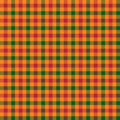 Orange, green and red checkered plaid. Tattersall pattern fabric swatch.