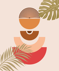 Abstract organic poster. Template with geometric sun, leaves and arches. Design element for social networks and wall decoration. Cartoon modern flat vector illustration isolated on white background