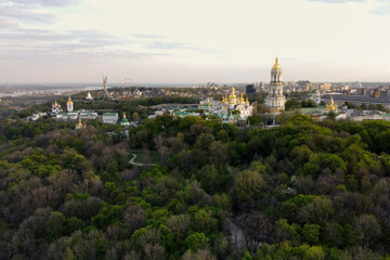 Church in the European city of Kiev - Kiev-Pechersk Lavra. Summer drone shooting