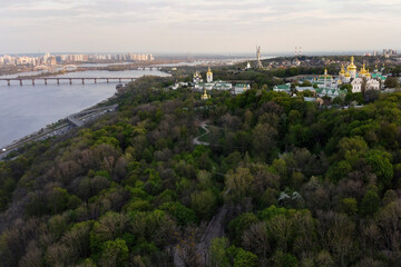 Fototapeta premium Church in the European city of Kiev - Kiev-Pechersk Lavra. Summer drone shooting