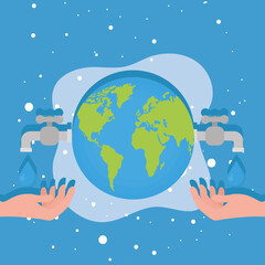 world with water taps and hands