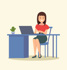 Fototapeta na wymiar Business woman or a clerk working at her office desk. Vector illustration.