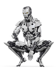 cyborg is crouched and waiting for action