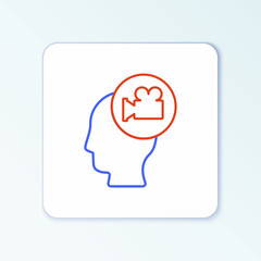 Line Head with camera icon isolated on white background. Video camera. Movie sign. Film projector. Colorful outline concept. Vector