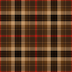 Plaid tartan marron, noir et rouge. Échantillon de tissu à motif écossais en gros plan.