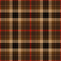 Papier peint Brun Plaid tartan marron, noir et rouge. Échantillon de tissu à motif écossais en gros plan.