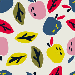 Fall seamless pattern with leaves and apples. Hand drawn vector background in retro color palette.