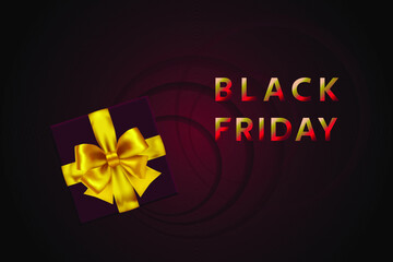 Black Friday Sale. Black friday sale discount flyer template with dark gift box and yellow bow. Vector gift card. Realistic dark gifts box. Banner, poster, logo of golden color on a dark background.