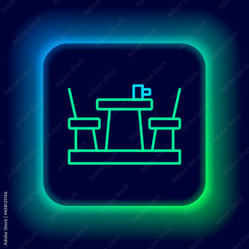 Sticker Glowing neon line French cafe icon isolated on black background. Street cafe. Table and chairs. Colorful outline concept. Vector