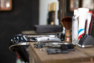Cosmetics, objects and barber shop machines. Earth tones. barber shop. Everything a barber or...