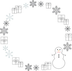 Winter theme frame of snowmen, presents and snowflakes. Outlines, black and white. Winter, holidays, seasonal. Vector.