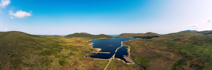 aerial view of the water shortages as levels drop in spelga dam reservoir when heat wave hit Norhtern Ireland