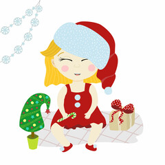 Fototapeta na wymiar Vector character of a girl in a New Year's cap. Child with a gift near the Christmas tree. Illustration of joy of new year holiday and christmas for kids