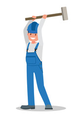 A man is a construction worker in overalls in the workplace with a tool in his hands.