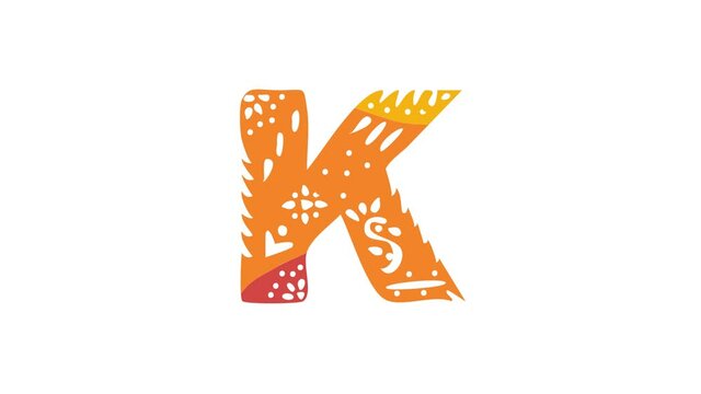 Letter K. Ethnic ornament, national pattern in letter. 3 colors. 4K video. Isolated on white background. Cartoon Animation. Capital Letter K for education, erudition, ABC, software, interface game.