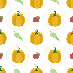 Autumn vector pattern with pumpkin, falling leaves and apples. Autumn print for print and fabric, wrapping paper, notepad. Thanksgiving Prints