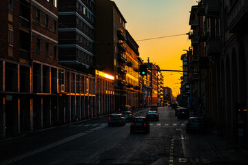 View of avenue at dusk in Bologna, Italy