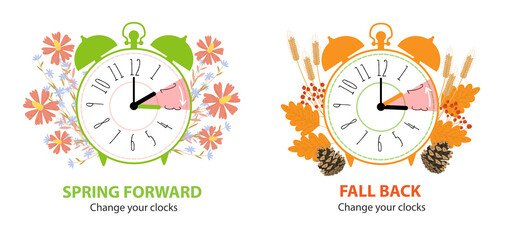 Daylight Saving Time concept. Set of alarm clocks with fall back time and spring forward. Clocks turning to summer and winter time with autumn and spring decoration. Flat vector cartoon illustration. - obrazy, fototapety, plakaty
