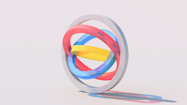 Colorful glass circle shapes. White background. Abstract illustration, 3d render.