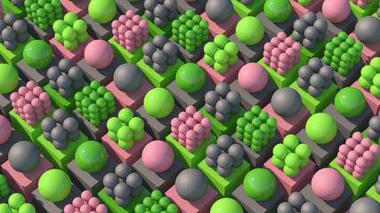 Group of pink, green, gray balls and cubes. Abstract illustration, 3d render.