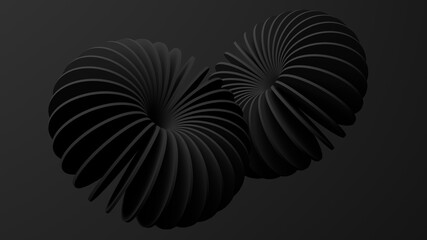Two abstract circle shapes, black background. Monochrome illustration, 3d render.