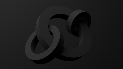 Black circle shapes, black background. Abstract monochrome illustration, 3d render.