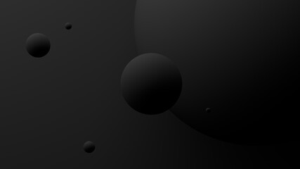 Black spheres, black background. Abstract monochrome illustration, 3d render.