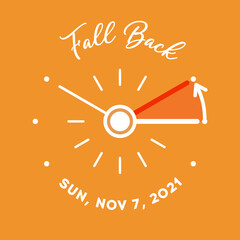 Daylight Saving Time ends 2021 banner. Graphic minimalist clock with turning clock hands to winter time. Fall backward concept. Clocks with date of 7 november. Vector illustration