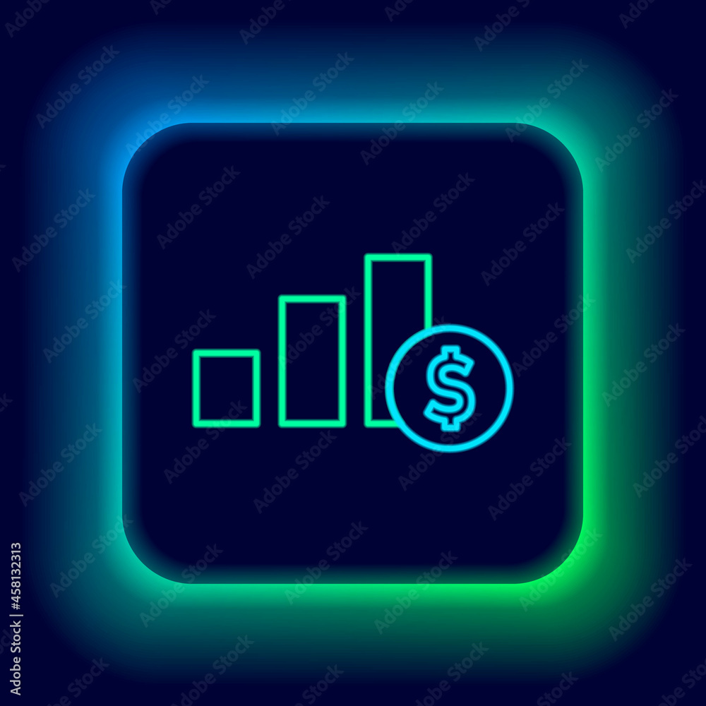 Wall mural Glowing neon line Pie chart infographic and dollar symbol icon isolated on black background. Diagram chart sign. Colorful outline concept. Vector