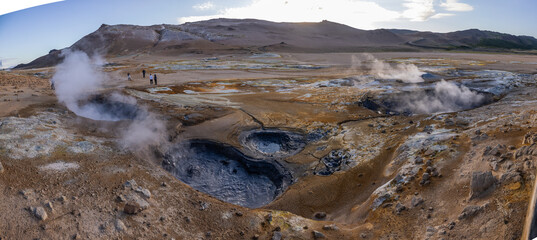 Hverir geothermal mud springs in Iceland close to lake Myvatn. Aerial view of sulphur fumes and bubbling lakes of mud.
